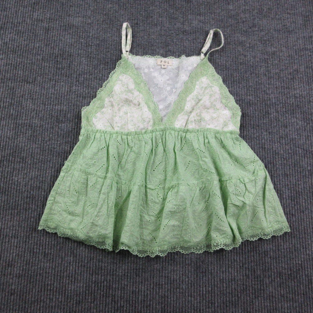 POL Tank Womens M Green Camisole V-Neck Lace Embroidered Adjustable Strap